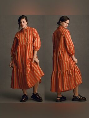 Anthropologie Orange and Cream Striped Midi Shirt Dress